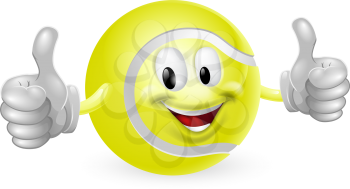 Illustration of a cute happy tennis ball mascot man smiling and giving a thumbs up