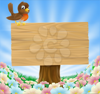 A cute cartoon robin bird sitting on a wood sign in a field of pretty flowers