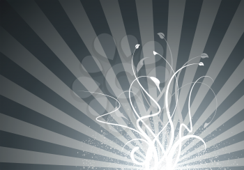 Royalty Free Clipart Image of a Floral Burst on a Striped Grey Background