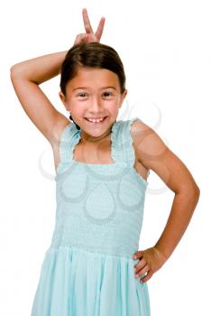 Smiling girl posing and gesturing isolated over white