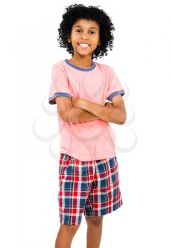 Child standing with her arms crossed isolated over white