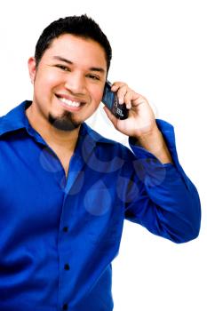 Smiling man talking on a mobile phone isolated over white