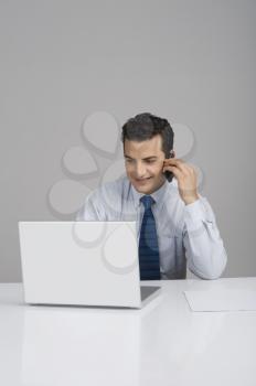 Businessman using a laptop and talking on a mobile phone