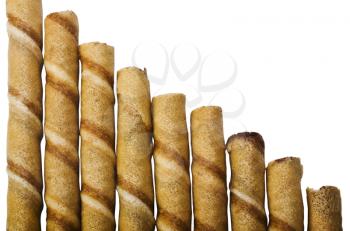 Close-up of chocolate wafer sticks in a row