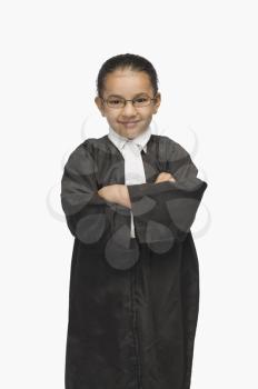 Girl dressed as a lawyer and smiling
