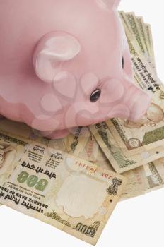 Piggy bank on Indian currency notes