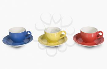 Colorful tea cups with saucers in a row