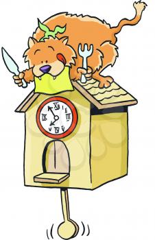 Royalty Free Clipart Image of a Cat With a Knife and Fork Looking at a Cuckoo Clock