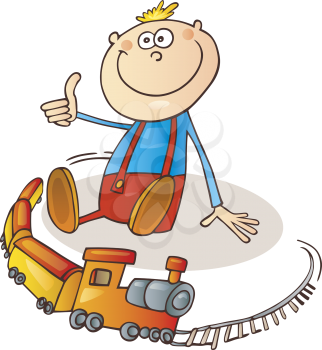 Royalty Free Clipart Image of a Little Boy With a Train Set
