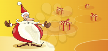 Royalty Free Clipart Image of Santa With Four Gifts on the Background