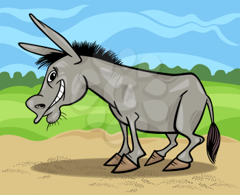 Cartoon Illustration of Funny Donkey Farm Animal against Blue Sky and Field