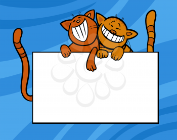 Cartoon Illustration of Two Funny Cats with Blank Card or Board Greeting or Business Card Design on Blue Background