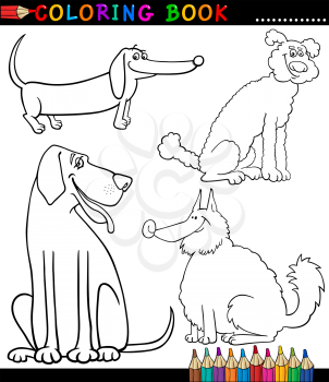 Coloring Book or Coloring Page Black and White Cartoon Illustration of Funny Purebred or Mongrel Dogs