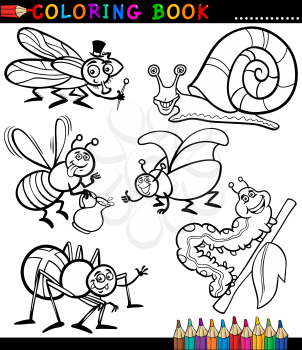 Black and White Coloring Book or Page Cartoon Illustration Set of Funny Insects and Bugs for Children
