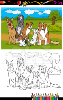 Cartoon Illustration of Funny Purebred Dogs like German Shepherd, Collie, Dalmatian, Basset Hound, Afghan Hound and Boxer for Coloring Book