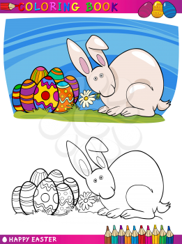 Coloring Book or Page Cartoon Illustration of Easter Bunny with Painted Eggs and Spring Flower