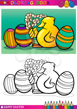 Coloring Book or Page Cartoon Illustration of Easter Little Chick or Chicken with Catkin and Painted Eggs