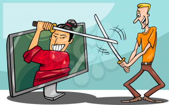 Cartoon Illustration of Funny Man Fighting with Samurai or Watching Interactive Digital Television or Playing Video Game