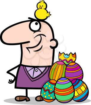 Cartoon Illustration of Happy Man with Easter Chicken or Chick Hatched from Colored Egg