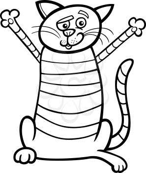 Black and White Cartoon Illustration of Happy Tabby Cat for Coloring Book