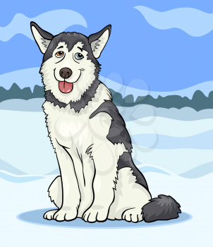Cartoon Illustration of Funny Siberian Husky or Alaskan Malamute Dog against Blue Sky and Winter Rural Scene