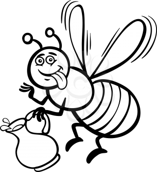 Black and White Cartoon Illustration of Funny Bee with Pot of Honey or Nectar for Coloring Book