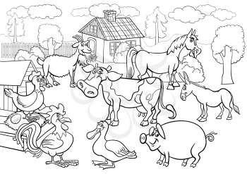 Black and White Cartoon Illustration of Rural Scene with Farm Animals Livestock Big Group for Coloring Book