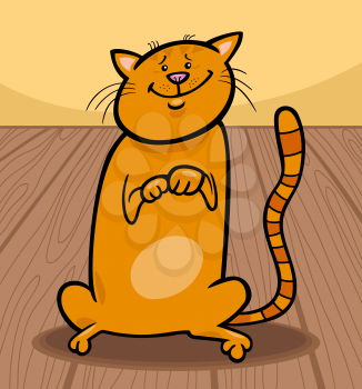 Cartoon Illustration of Cute Red Cat Sitting on the Wooden Floor
