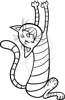 Black and White Cartoon Illustration of Funny Stretching Cat for Coloring Book or Coloring Page