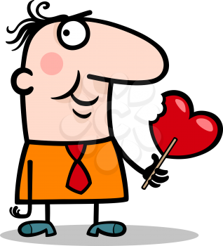 Cartoon Illustration of Funny Man with Valentine Heart Shape Lollipop for Valentines Day