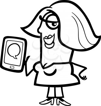 Black and White Cartoon Illustration of Happy Woman with Message on her Tablet Pc Device