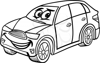 Black and White Cartoon Illustration of Funny SUV or Crossover Car Vehicle Comic Mascot Character for Children to Coloring Book