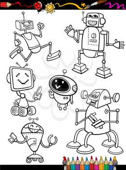 Coloring Book or Page Cartoon Illustration Set of Black and White Fantasy or Science Fiction Robots or Droids Comic Mascot Characters for Children