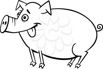 Black and White Cartoon Illustration of Cute Pig Farm Animal for Children to Coloring