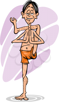 Cartoon Illustration of Funny Man Practicing Yoga Position or Asana