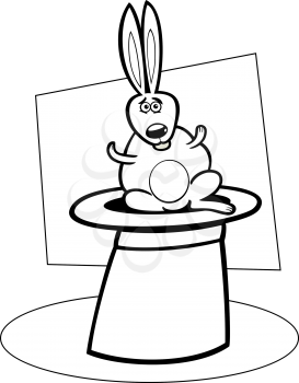 Black and White Cartoon Illustration of Funny Cute Bunny or Rabbit in the Magic Hat for Coloring Book