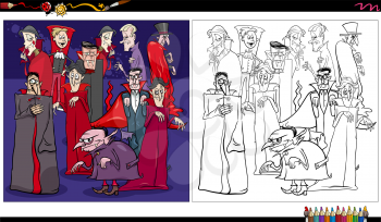 Cartoon illustration of vampires fantasy or Halloween comic characters group coloring book page