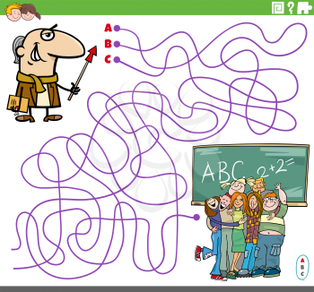 Cartoon illustration of lines maze puzzle game with teacher character and students in classroom