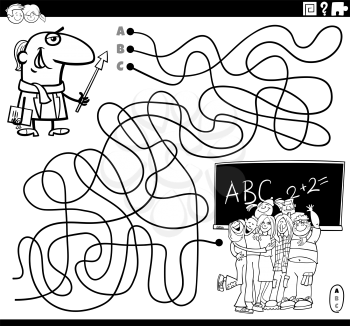 Black and white cartoon illustration of lines maze puzzle game with teacher character and students in classroom coloring book page