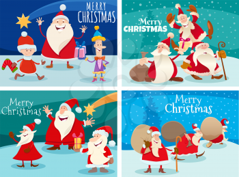 Cartoon illustration of greeting card set with Santa Claus characters on Christmas time