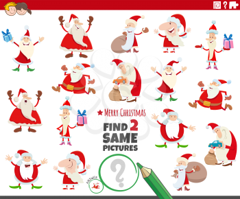 Cartoon illustration of finding two same pictures educational task with Santa Claus Christmas characters