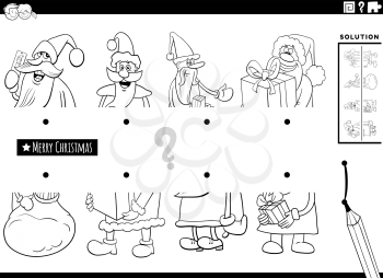 Black and white cartoon illustration of educational game of matching halves of pictures with comic Santa Claus Christmas characters coloring book page