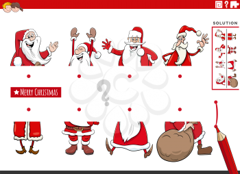 Cartoon illustration of educational task with matching halves of pictures with comic Santa Claus Christmas characters