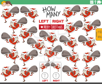 Cartoon illustration of educational game of counting left and right oriented pictures of Santa Claus with sack of gifts on Christmas time