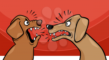 Cartoon Illustration of Two Angry Barking and Growling Dogs