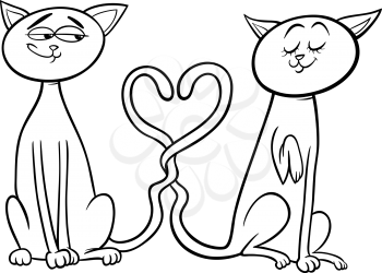 Black and White Valentines Day Cartoon Illustration of Funny Cats Couple in Love for Coloring Book