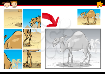 Cartoon Illustration of Education Jigsaw Puzzle Game for Preschool Children with Funny Camel Animal