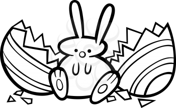 Black and White Cartoon Illustration of Cute Easter Bunny which Hatched from Paschal Egg for Coloring Book