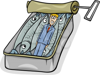 Cartoon Humor Concept Illustration of Packed Like Sardines Saying or Proverb