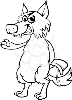 Black and White Cartoon Illustration of Bad Wolf Character from Little Red Riding Hood Fairy Tale for Coloring Book